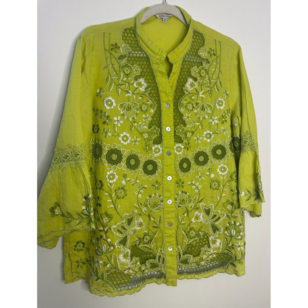 John Mark 100% Linen Embroidered Crochet Lace Blouse Womens Lime Green Medium - Picture 12 of 12